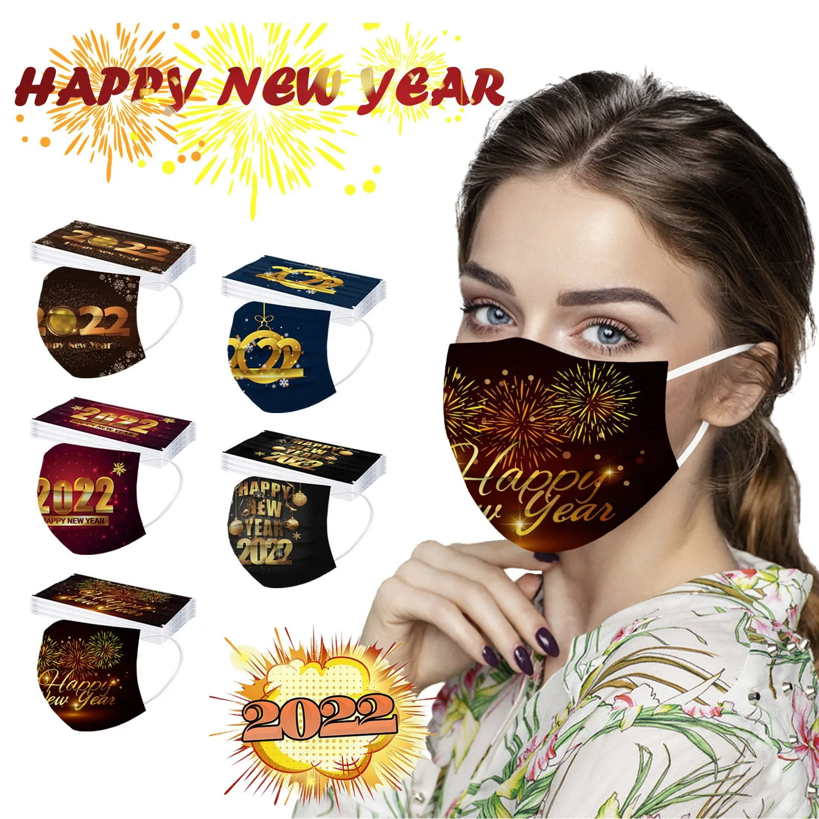 

50pc Disposable Children Mask Happy New Year 2022 Print 3 Layer Facemask Christmas Gifts Mascarillas Mascherine Face Mask Kids