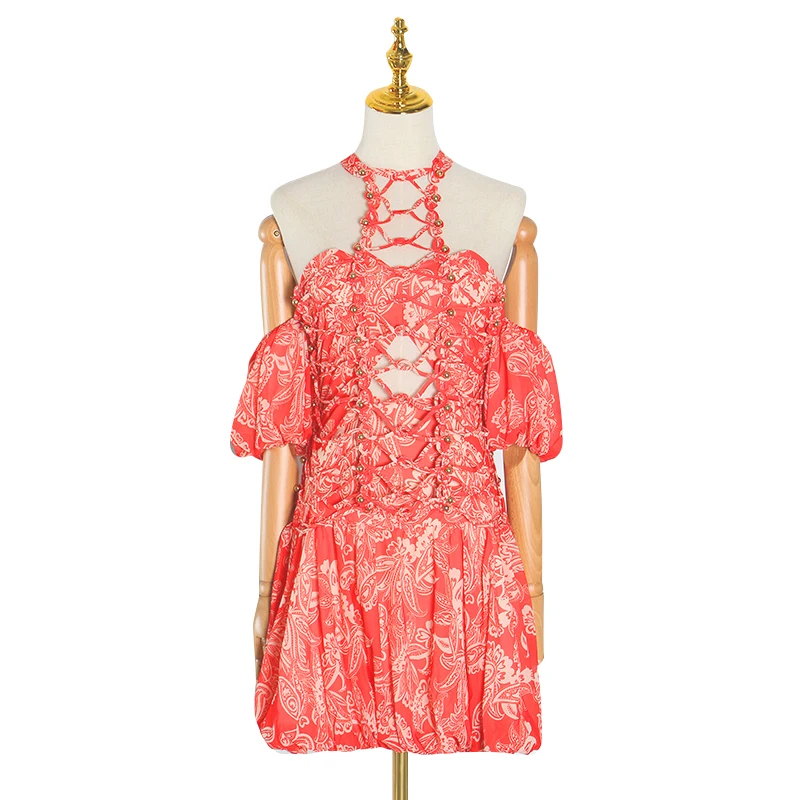 TWOTWINSTYLE Hollow Out Sexy Dress For Women Off Shoulder Puff Sleeve High Waist Beading Patchwork Mini Dresses Female New