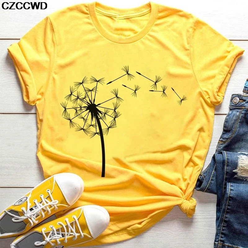 Женская футболка с принтом диких цветов Повседневная желтая букета одуванчиков
