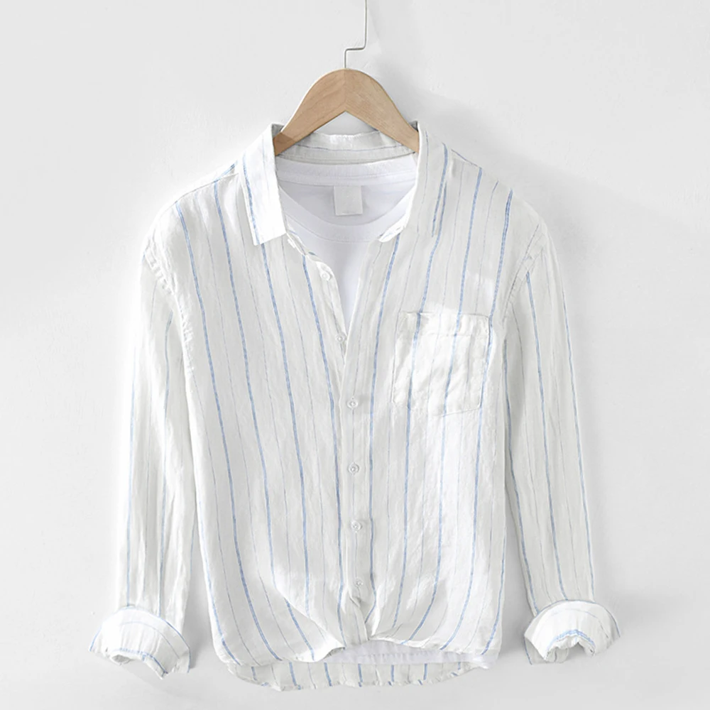 Men Spring Summer Fashion Japan Style Striped Cotton Linen Shirt Male Casual Long Sleeve White Shirt Cloth