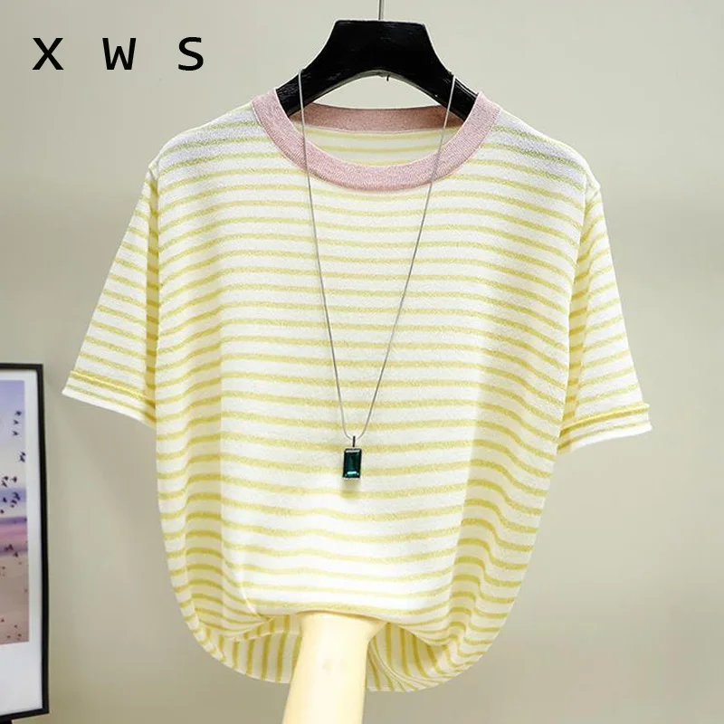 

2020 O neck Summer Short Sleeve striped Korean Sweater Knitted Pullover Women Sweaters Tops ·Basic Thin Pull Femme Jumper