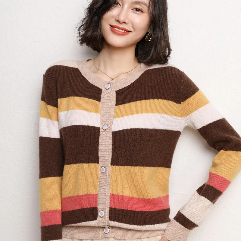 

Wool blended autumn and winter new ladies loose round neck stripe color matching short knitted cardigan jacket sweater