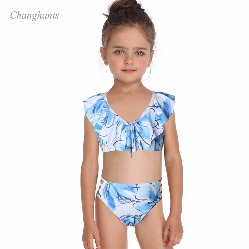 Комплект бикини для девочек белый с синими и красными листьями детский купальный