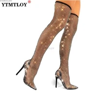 women shoes bling crystal fishnet mesh cut outs over the knee boots pointed sexy extreme high heels sandals nightclub party