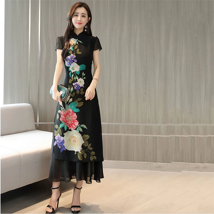Классические новинки, Aodai, летнее, изящное, Цветочное платье для женщин, классическое, короткий рукав, длинное платье, Cheongsam, вечерние, Qipao, народный шифон