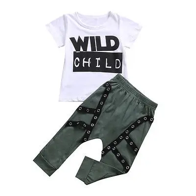 

2PCS Toddler Kid Baby Boys Clothing Set Wild Child Print T-shirt Top+Army Green Long Pants Outfits