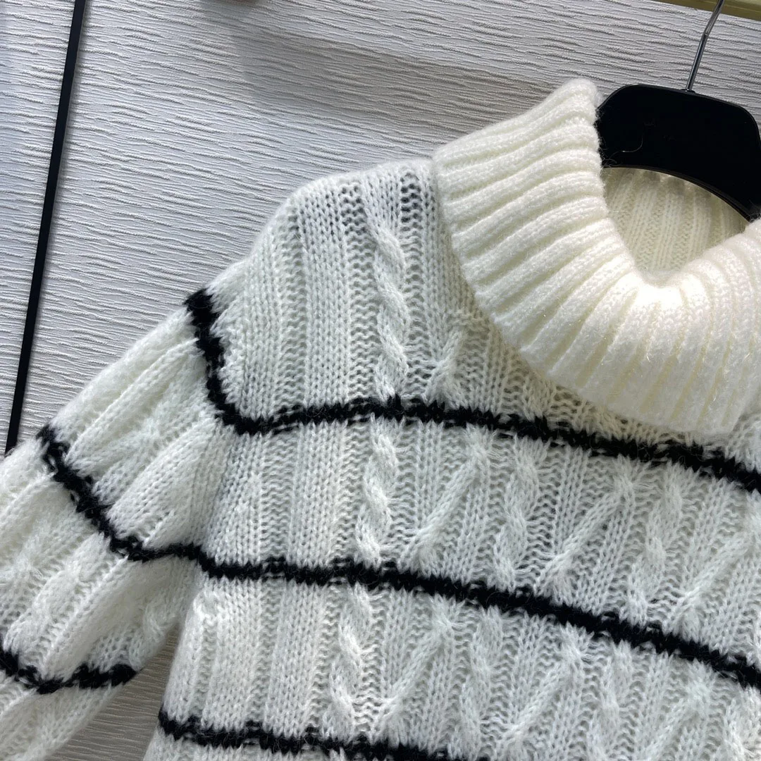 

Женский трикотажный мохеровый пуловер, свитер с длинным рукавом и воротником-хомутом, Полосатый пуловер, женский свитер на зиму 100%
