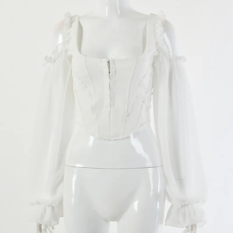 Fuedage сексуальный осенний женский топ с сетчатыми краями петельным рукавом