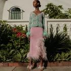 Розовая вязаная юбка с Боковым Разрезом, пикантная юбка с перьями для вечерние, высокоэластичная юбка длиной ниже колена, Женская юбка на день рождения