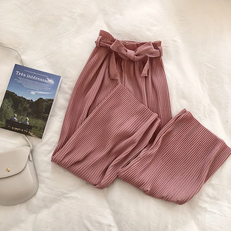 Осенние широкие брюки женские повседневные с высокой талией и поясом бантом