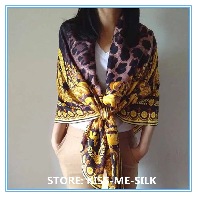 

KISS-ME-SILK Light luxury Leopard Print Black Gold High-end Silk Twill Sand-Washed Square Scarf Shawl 140*140cm/100g