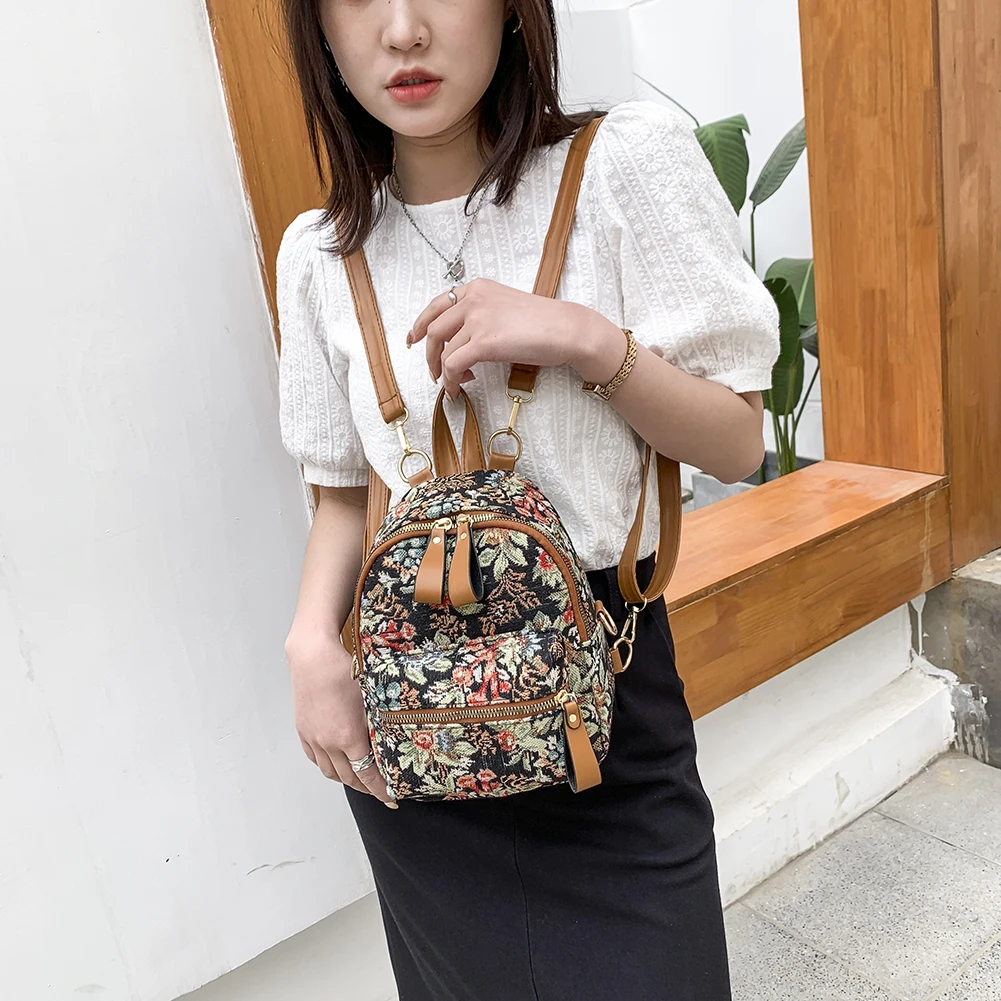 

Preppy Style Zipper Mini Rucksack Women Flower Print Canvas Backpack Vintage Students Flower Pattern Small Knapsack