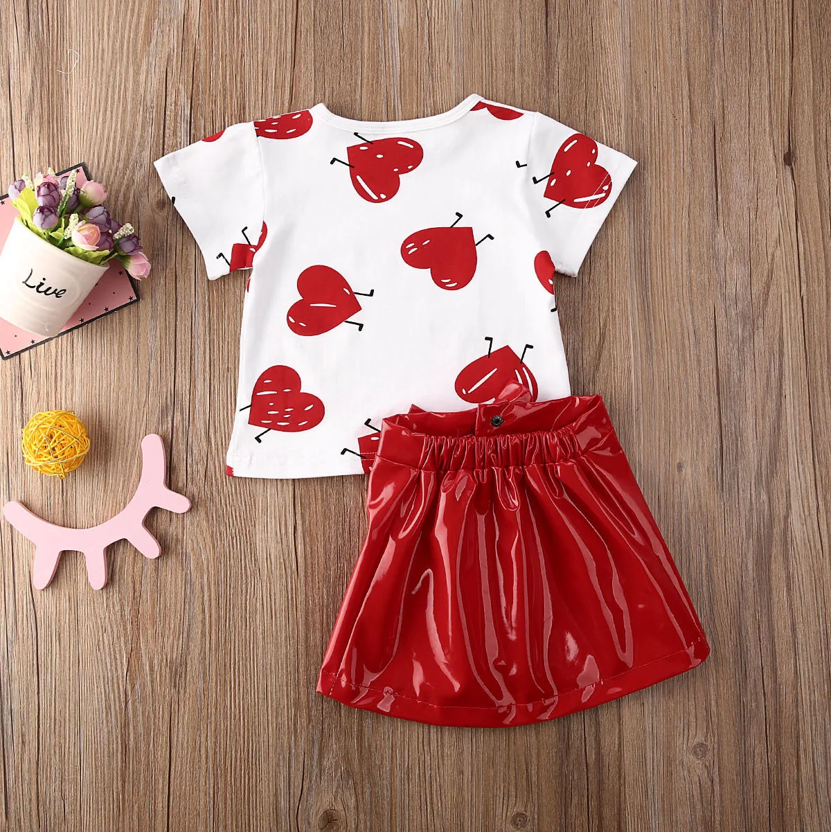 

AA Summer Baby Girls Clothes Set Heart Print Tops T-Shirts+PU Leather Skirts Red Baby Outfit Girls Clothing Set