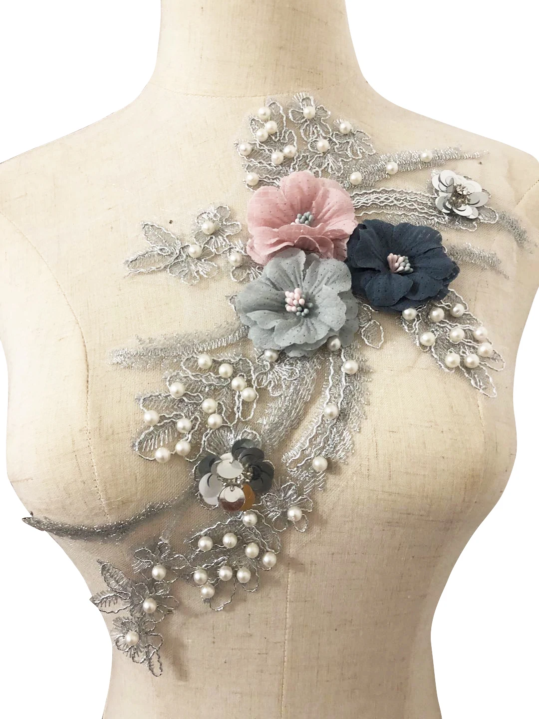 

3D Flower Pearl Embroidery Lace Applique Trim For Evening Skirt Clothes Lace Collar Decoration Patch Sewing On Accessories