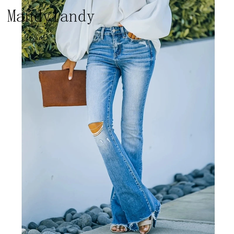 

Mandylandy Jeans Summer Fashion High Waist Button Pocket Slim Denim Flare Pants Women's Casual Solid Color Ripped Jeans