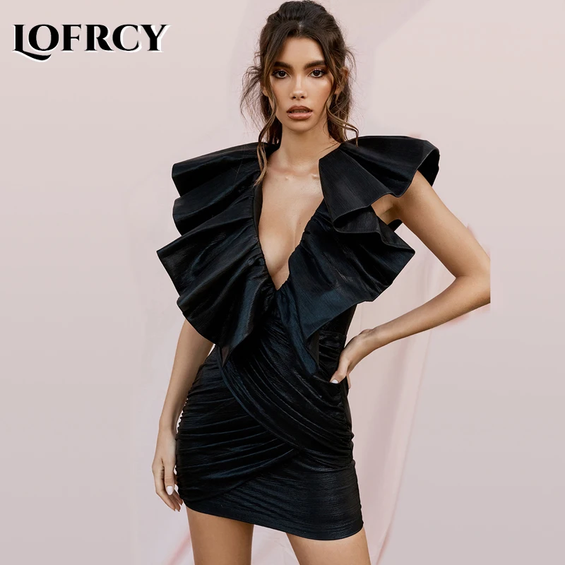 Соблазнительное черное облегающее мини платье без рукавов с оборками женские