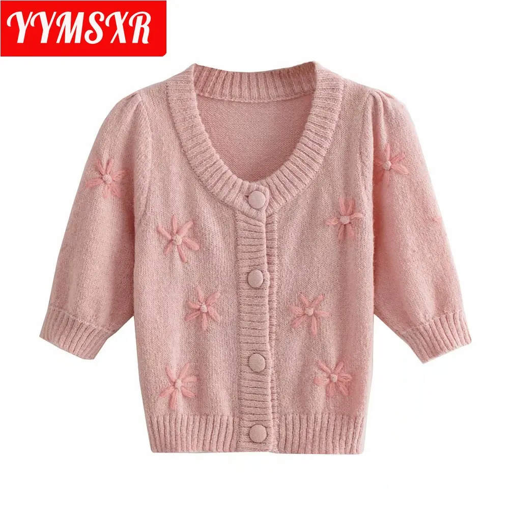 

Women Sweater Knit Bottoming Shirt Autumn 2022 New Retro Sweet Embroidered Sunflower Short Cardigan Jacket Elegant Slim Clothes