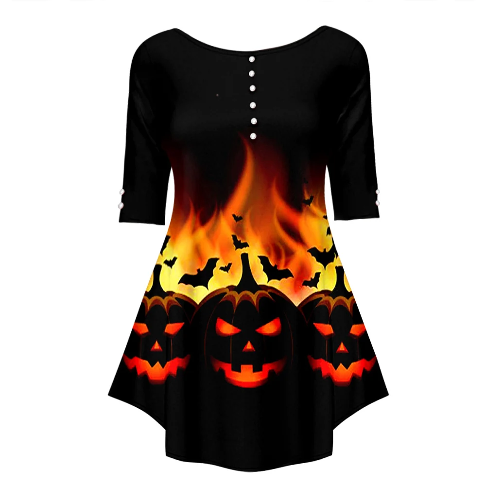 

Plus Size Women's Halloween Tops Fire Pumpkin Bat Print Round Neck Half Sleeve Long Length Casual Festival Tops Fashion Tunics