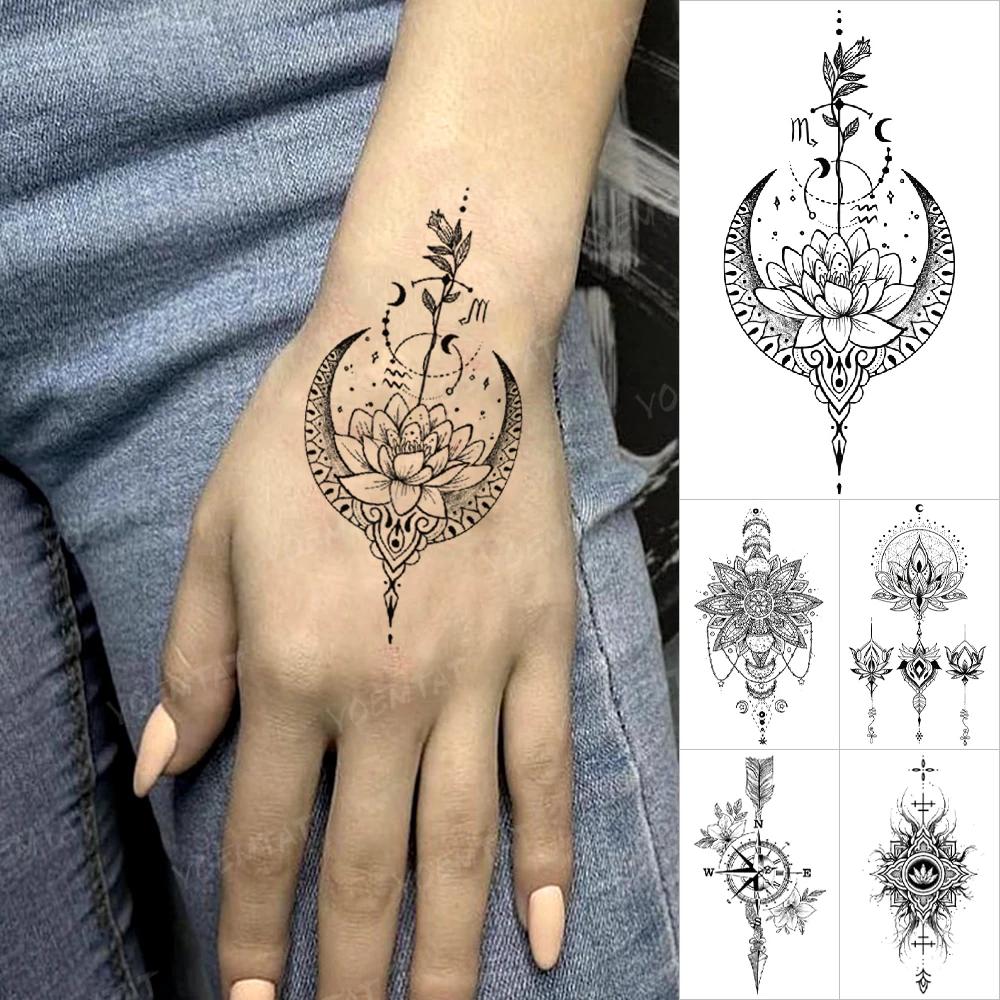 

Waterproof Temporary Tattoo Stickers Lotus Moon Hand-painted Henna Flower Mandala Flash Tatto Women Men Body Art Small Tattoos