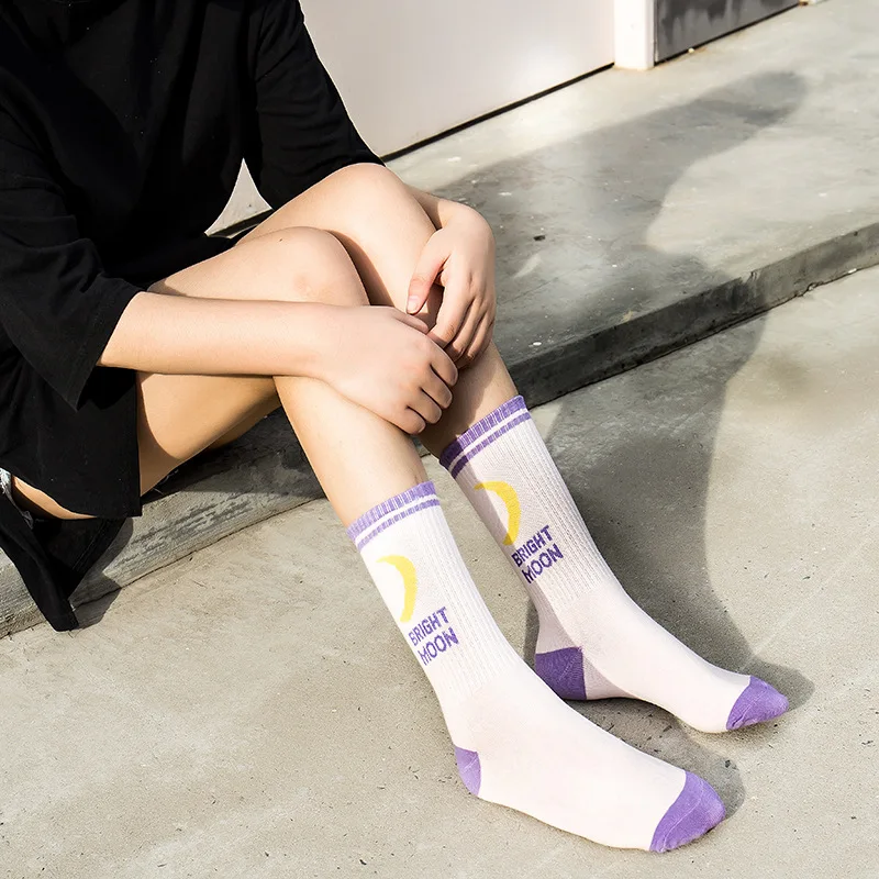 

Fashion Street Skateboard Bright Moon Socks For Women Purple Black Unisex Stripe Socks Women Men Hip Hop Harajuku Couple Socks