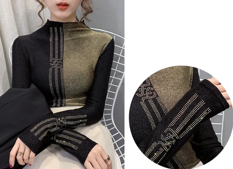 

Spring Autumn European Clothes T-shirt Fashion Sexy Shiny Diamonds Patchwork Women Tops Ropa Mujer Bottoming Shirt Tees T07508