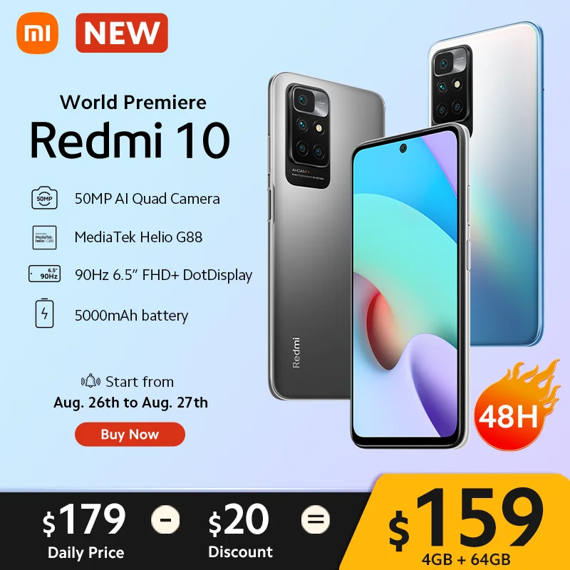 [Мировая премьера] Xiaomi Redmi 10 новый смартфон глобальная версия 50MP AI quad камера 90 Гц FHD