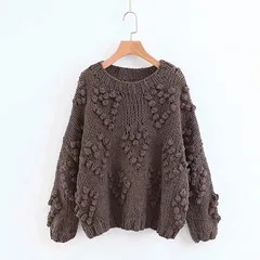 Коричневый Withered sweaters women fashion blogger vintage hand knitted o-neck oversize love Jacquard weave thick pullovers sweaters women - Цвет: Коричневый