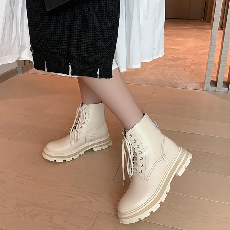 

Lace-up Round Toe Comfortable Genuine Leather Women Motorcycle Boots Fashion Platform Shoes Chunky Heel Girls Ankle Boots