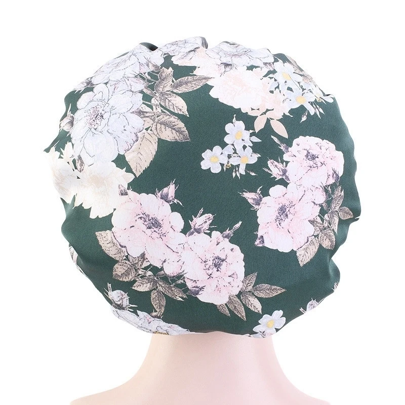 

58cm Satin Bonnets Hair Caps Women Black Wide Elastic Band Floral Print Silky Headwrap Ladies Hair Cover Hat Sleeping Night Cap