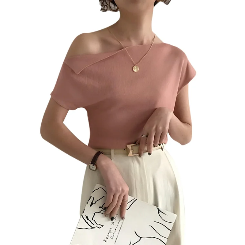 Топы на одно плечо Женский вязаный Топ в Корейском стиле летняя сексуальная