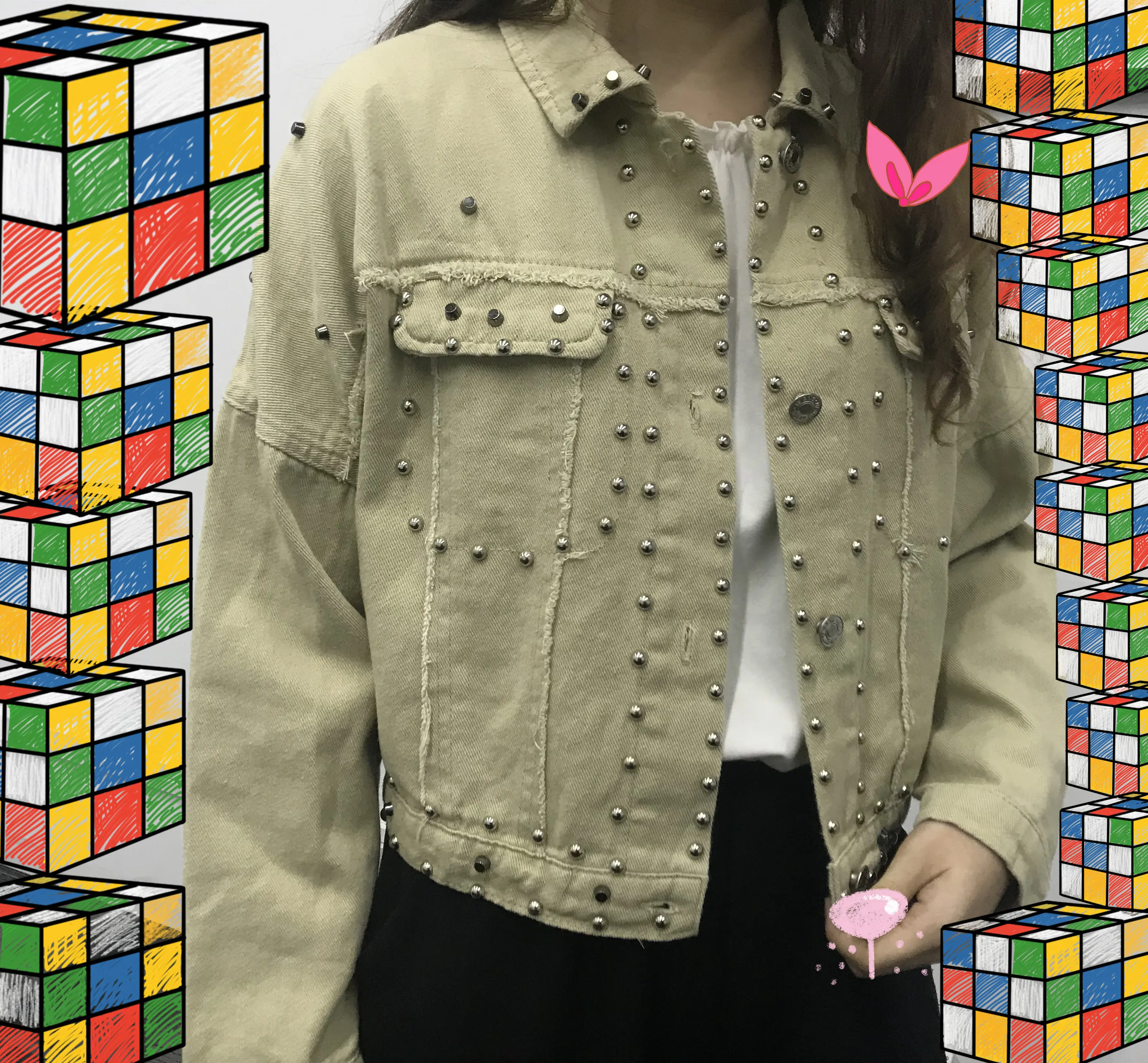 Женская куртка с заклепками в стиле Харадзюку короткая черная отворотом базовое