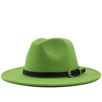 men women hot wide brim wool felt fedora panama hat with belt buckle jazz trilby cap party formal top hat in pinkgreen 56 60cm