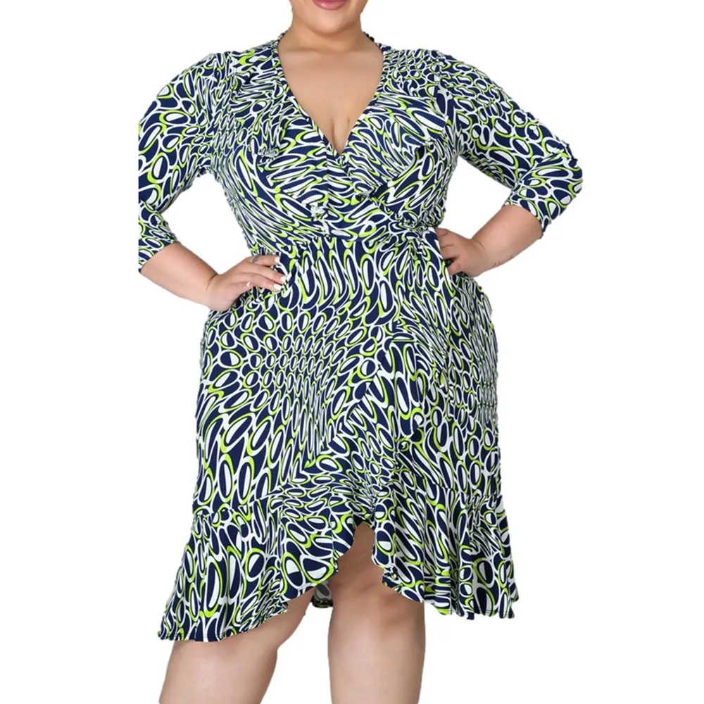 

Autumn New 2021 Europe America Plus Size Women Clothing V-neck Ruffle Irregular Dress V-neck Long Sleeve Casual Commute