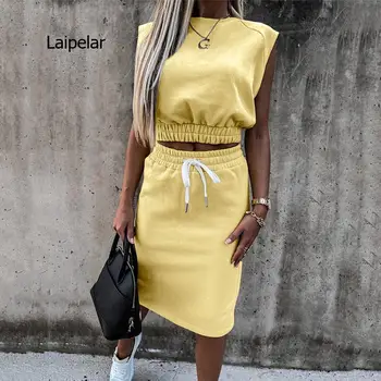 Ladies Skirts Suit Sleeveless Sweatshirt Solid Women Skirt Suits Slim Crop Tops+Split Drawstring Bottom Summer Fashion Casual 1