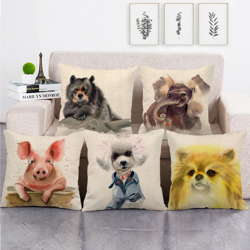 45 см * акварельный животный дизайн Чехол для подушки из льна/хлопка диван и