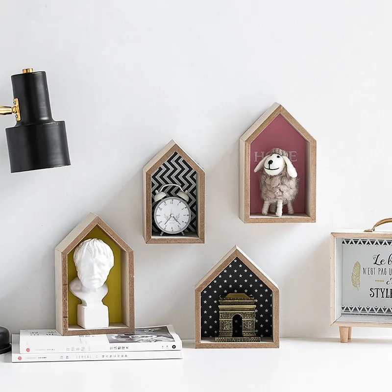 Ретро деревянный стеллаж для хранения Полка Настенная в форме дома украшения