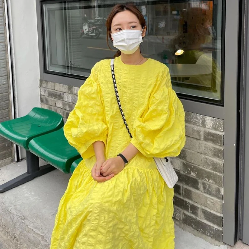 

Korea Chic Age-reducing Gentle Yellow White Round Neck Fold Design Loose Lantern Sleeve Large Swing Dress Female