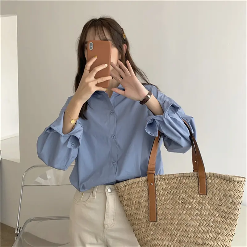 

HziriP 2021 Solid Vintage Brief Office Lady Casual Streetwear Tops Retro Summer Chic Loose New All Match Stylish Shirts Clothe