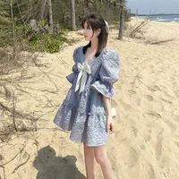 bow dress female student 2021 summer new blue ruffle korean loose french a line skirt bubble sleeve skirt