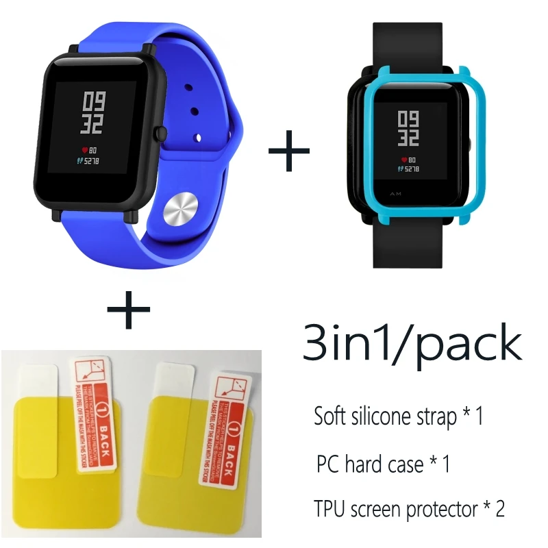 Dark blue-blue case Мягкий силиконовый ремешок на запястье с полным защитным чехлом для Xiaomi Huami Amazfit Bip BIT 20 мм ремешок для часов Крышка для часов из смолы - Цвет: Dark blue-blue case