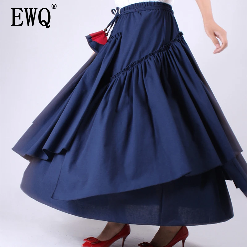 Женская юбка с высокой эластичной талией [EWQ] черная оборками и разрезом весна