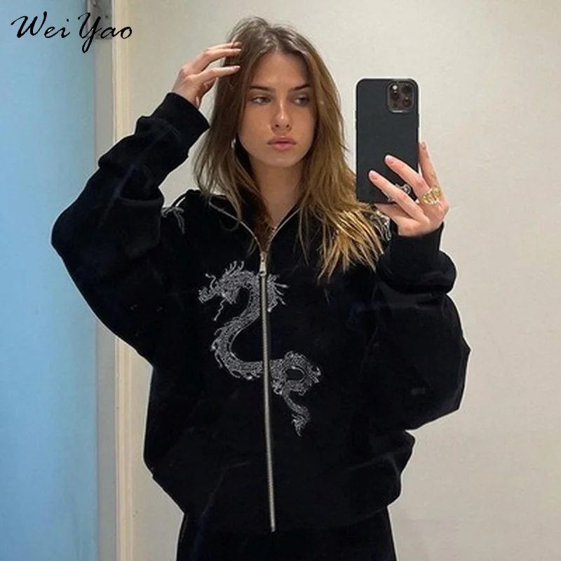 

WeiYao Oversized Goth Black Hoodies Women Dragon Diamond Cartoon Sweatshirts Zip Up Jacket Long Sleeve Autumn Winter Pullovers