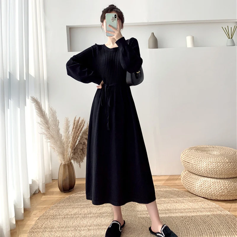 

2021 Autumn Winter O-neck Maxi Sweater Dress Women A-Line Long Knitting Dress with Belt Elegant Solid Loose Casual Ladies Dress
