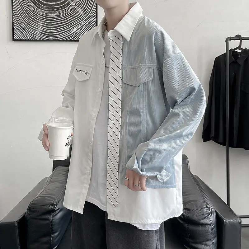 

Рубашка дизайнерская нишевая с длинными рукавами, трендовая простроченная рубашка, уличная одежда с галстуком, Простые Топы, повседневная ...