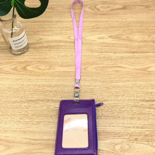 purple Чехол из искусственной кожи для удостоверения личности, деловой значок, держатель для карт с ожерельем, шнурок, студенческий кошелёк для монет, сумка на молнии - Цвет: purple