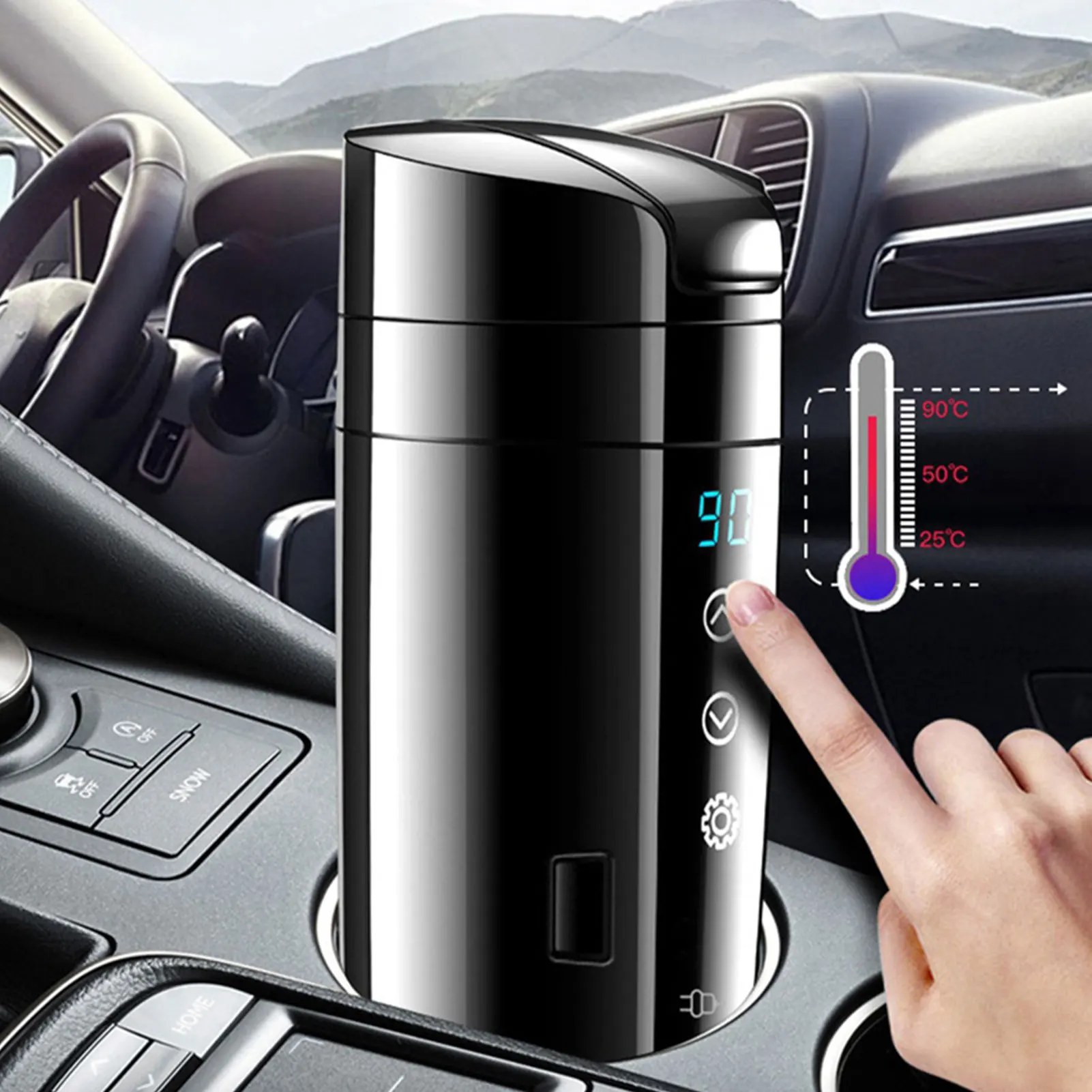 

12V 24V 350ML Real-time Temperature Vehicle Heating Cup Waterproof Stainless Steel Car Kettle Water Heater Car Mug Travel Kettle
