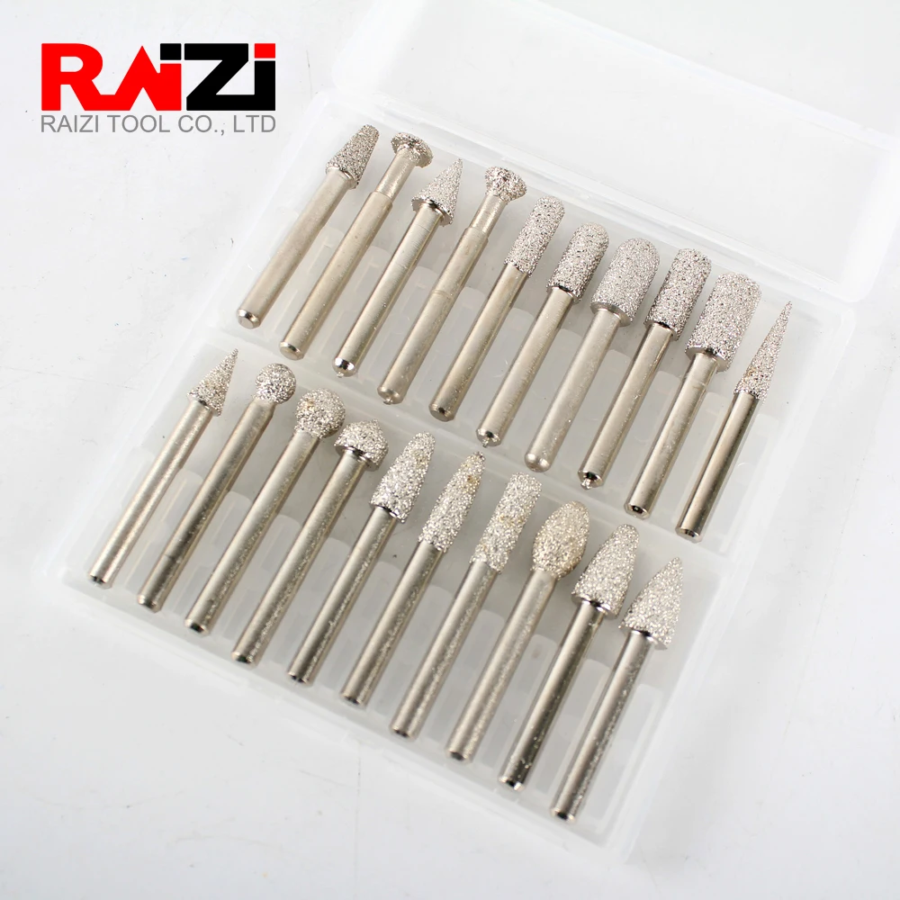 

Raizi 20 Pcs Vacuum Brazed Diamond Burs Drill Bits Set For Granite Stone Brick Concrete 1/4 Shank Profiling Carving Head Tools