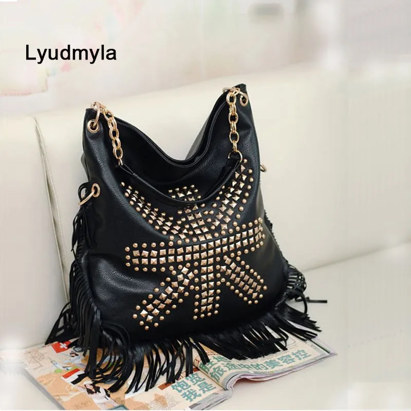 

Punk Tassel Hobo Bags Large Black Handbags Fringe Leather Bag 2020 New Vintage Rivet Shoulder Bags Women Big Causal Handbag Soft