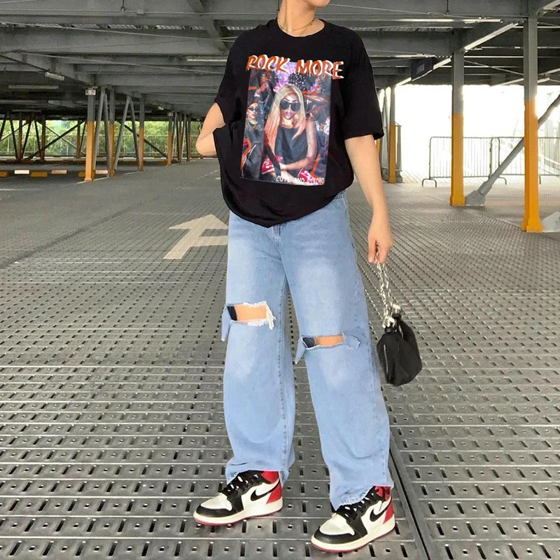 

Waatfaak Cartoon Printed O-neck Black T-shirt 2021 Summer Woman Fashion Short Sleeves Overized T Shirt Streetwear Y2k Gothic Top