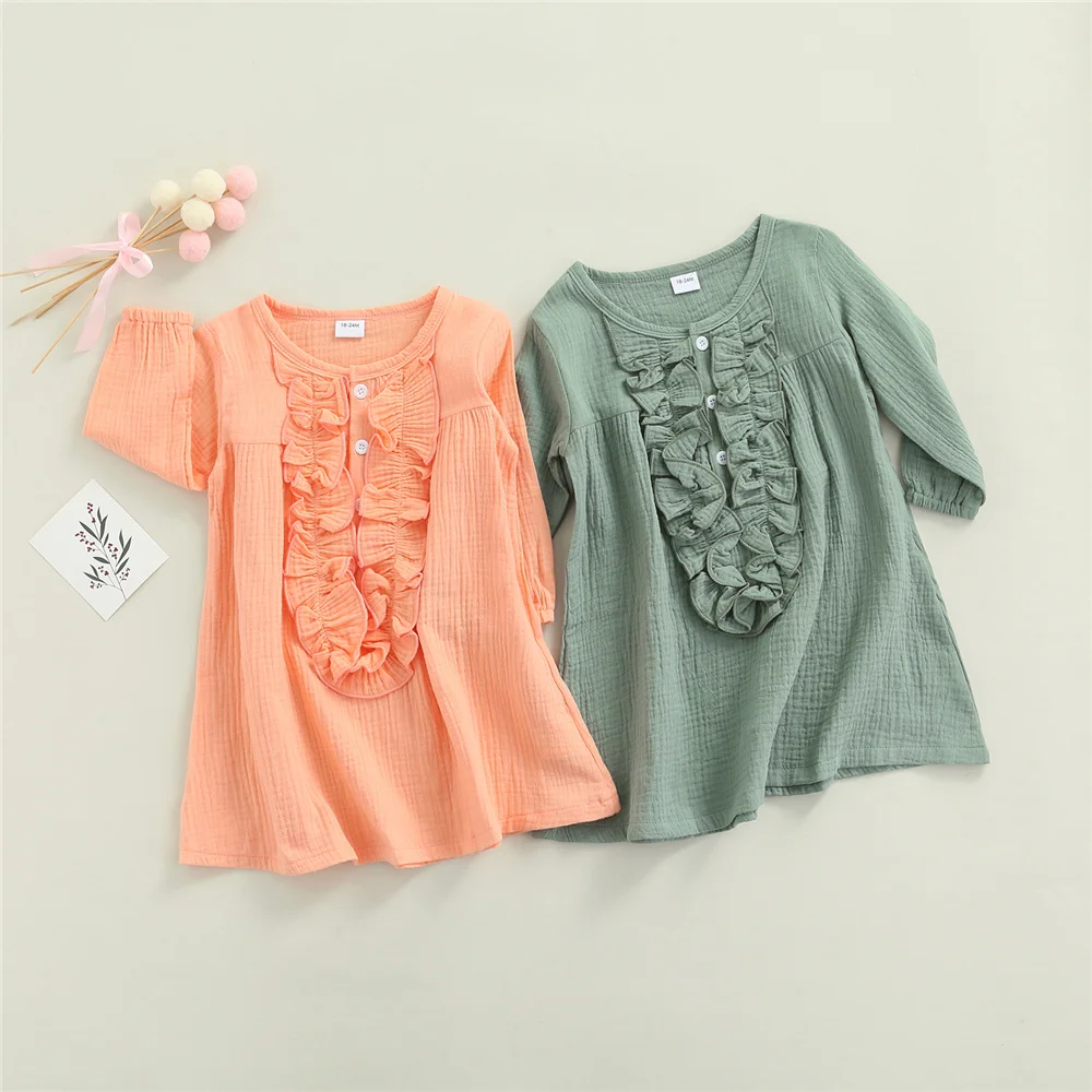 

Kids Toddler Girl Long Sleeve Solid Color Dress Cute Casual Ruffled Dress Spring Autumn Children Clothes 2022